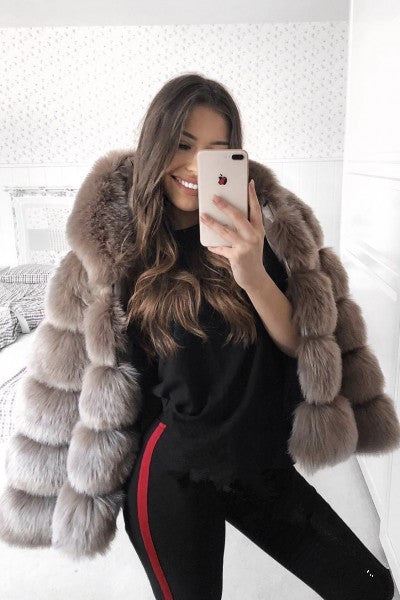 Long Sleeve Hooded Faux Rabbit Fur Coat