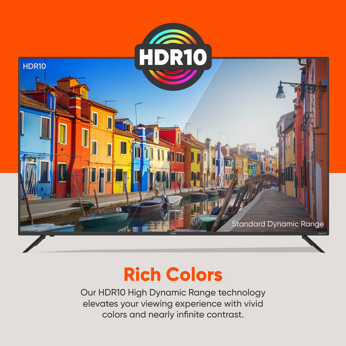 onn. 65” Class 4K UHD (2160P) LED Roku Smart Television HDR