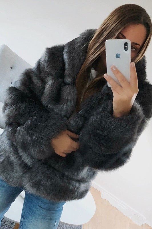 Long Sleeve Hooded Faux Rabbit Fur Coat