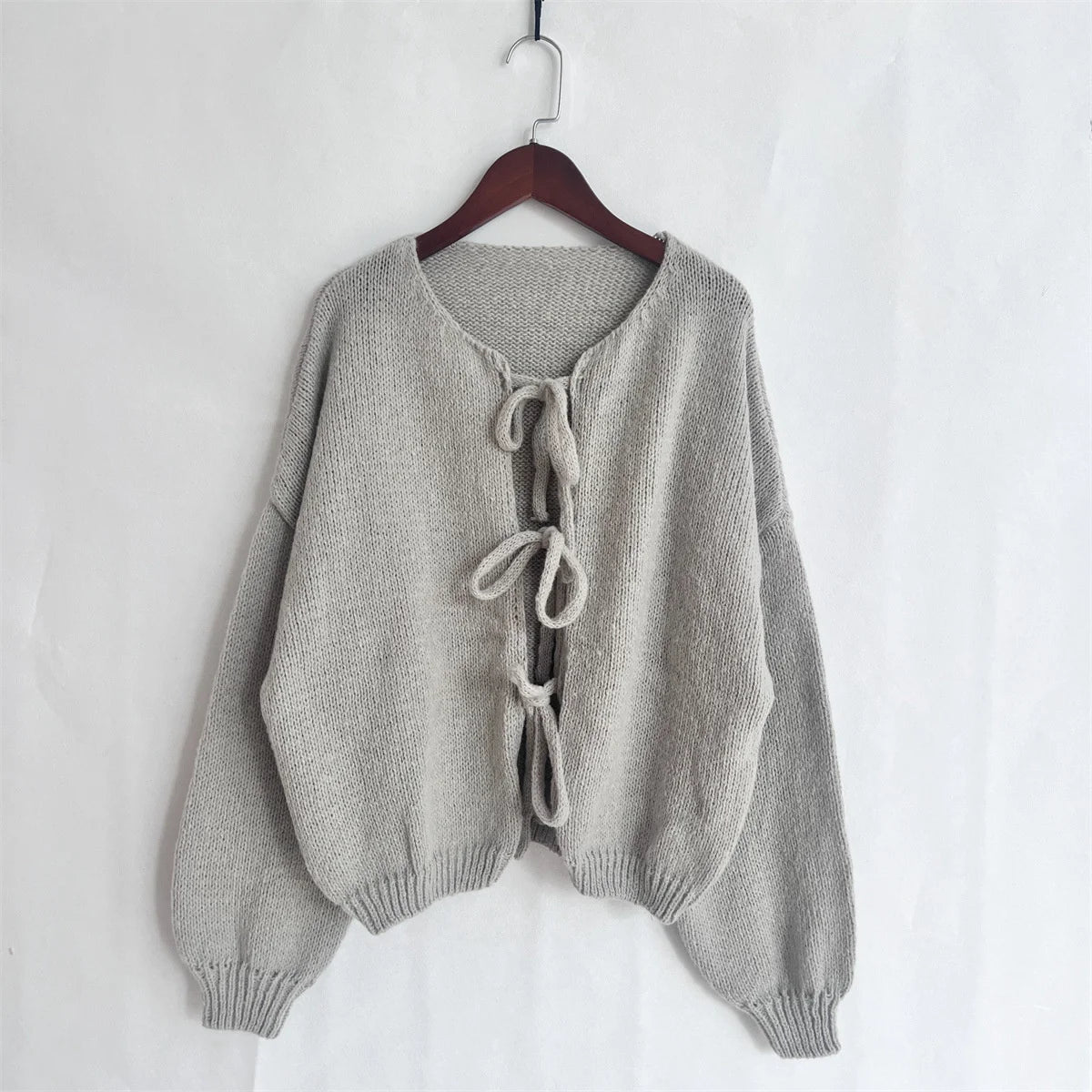 Fashion Casual Lace Up Bow Knitted Cardigan O-neck Long Sleeve Hollow Out Sweater 2024 Autumn New Female Cozy Soft Knitwear Coat