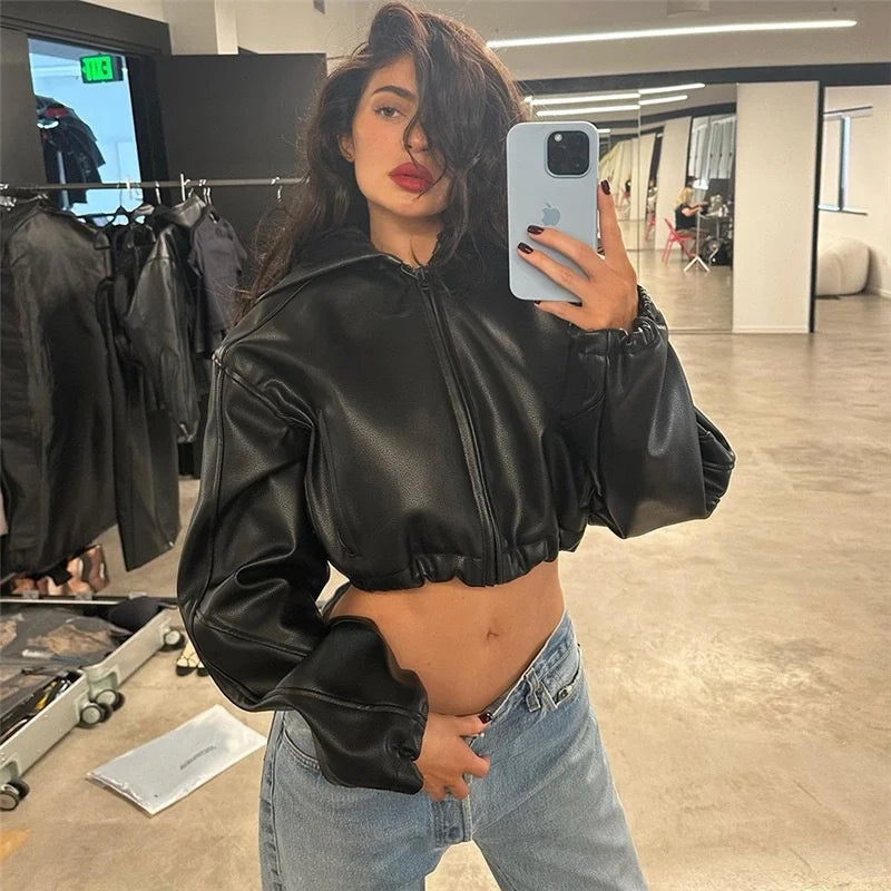 Women's Fall Zipper Jackets Loose Faux Pu Leather Crop Tops Coat 2024 New Fashion Varsity Bomber Long Sleeve Hoodie Black Jacket