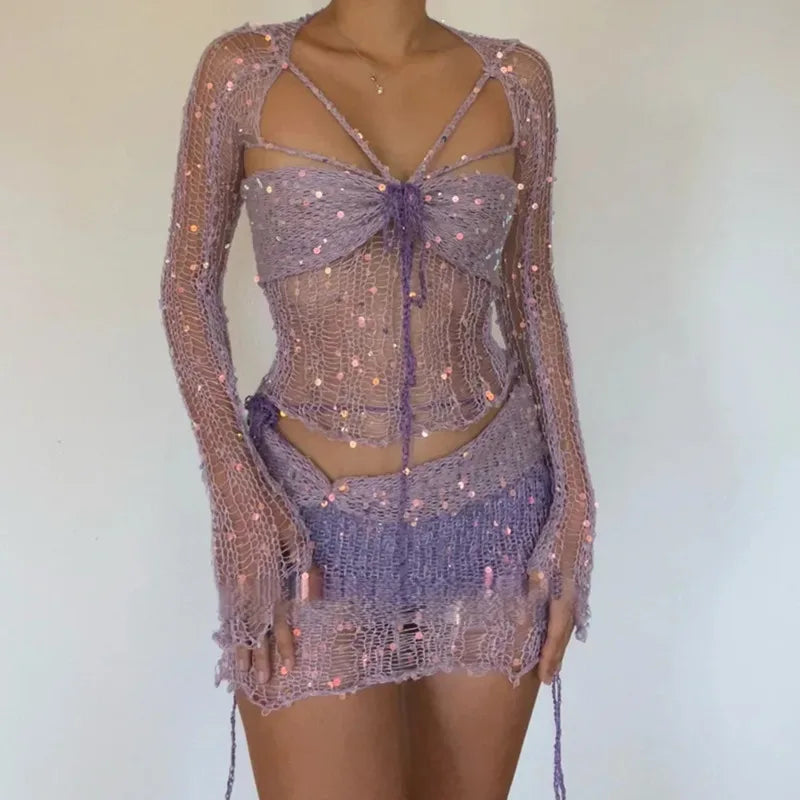 Sexy Sequined Knitted Sweater Skirt Sets 3 Piece Women Outfit Flare Long Sleeve See Through Hollow Crop Top Mini Skirt Beach Set