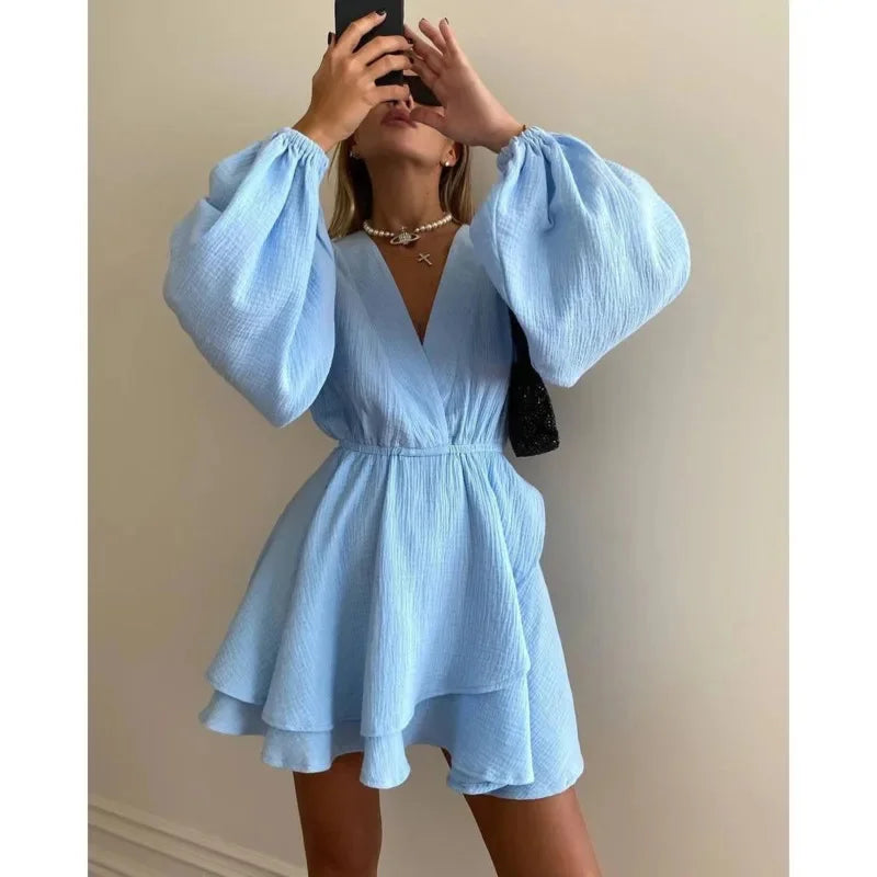 Summer New Women Mini Dress Fashion Personal Design Pleated Lantern Sleeve High Waist V Neck Dress Irregular Ruffles Beach Dress