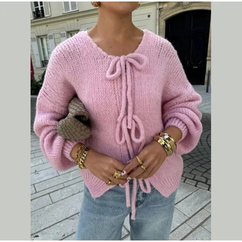 Fashion Casual Lace Up Bow Knitted Cardigan O-neck Long Sleeve Hollow Out Sweater 2024 Autumn New Female Cozy Soft Knitwear Coat