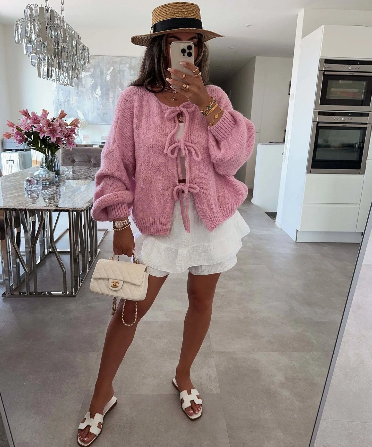 Fashion Casual Lace Up Bow Knitted Cardigan O-neck Long Sleeve Hollow Out Sweater 2024 Autumn New Female Cozy Soft Knitwear Coat