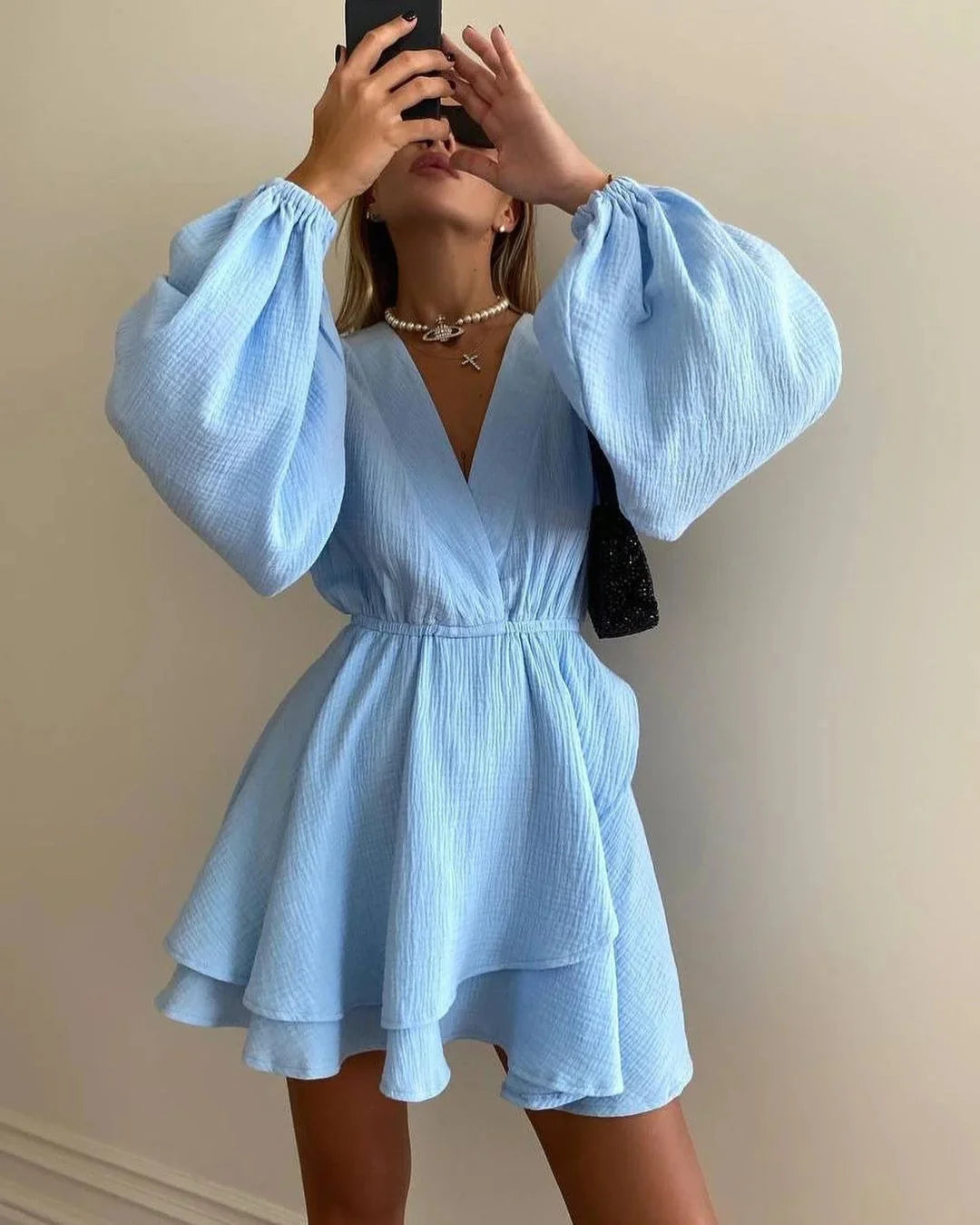 Summer New Women Mini Dress Fashion Personal Design Pleated Lantern Sleeve High Waist V Neck Dress Irregular Ruffles Beach Dress