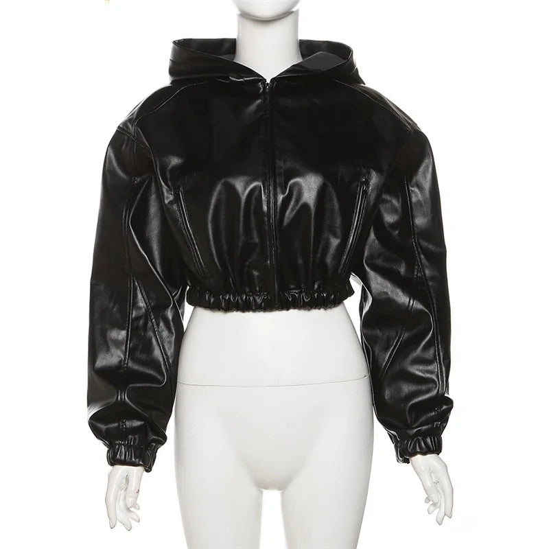 Women's Fall Zipper Jackets Loose Faux Pu Leather Crop Tops Coat 2024 New Fashion Varsity Bomber Long Sleeve Hoodie Black Jacket