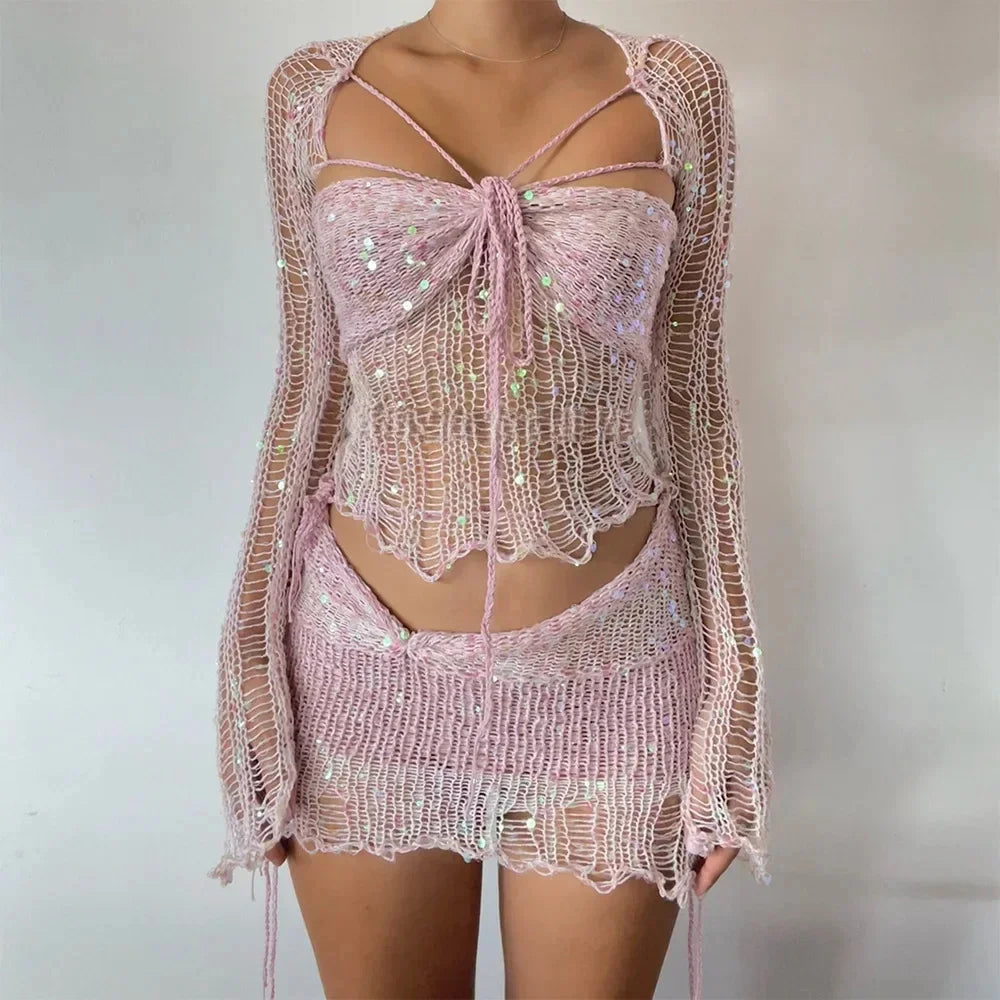 Sexy Sequined Knitted Sweater Skirt Sets 3 Piece Women Outfit Flare Long Sleeve See Through Hollow Crop Top Mini Skirt Beach Set