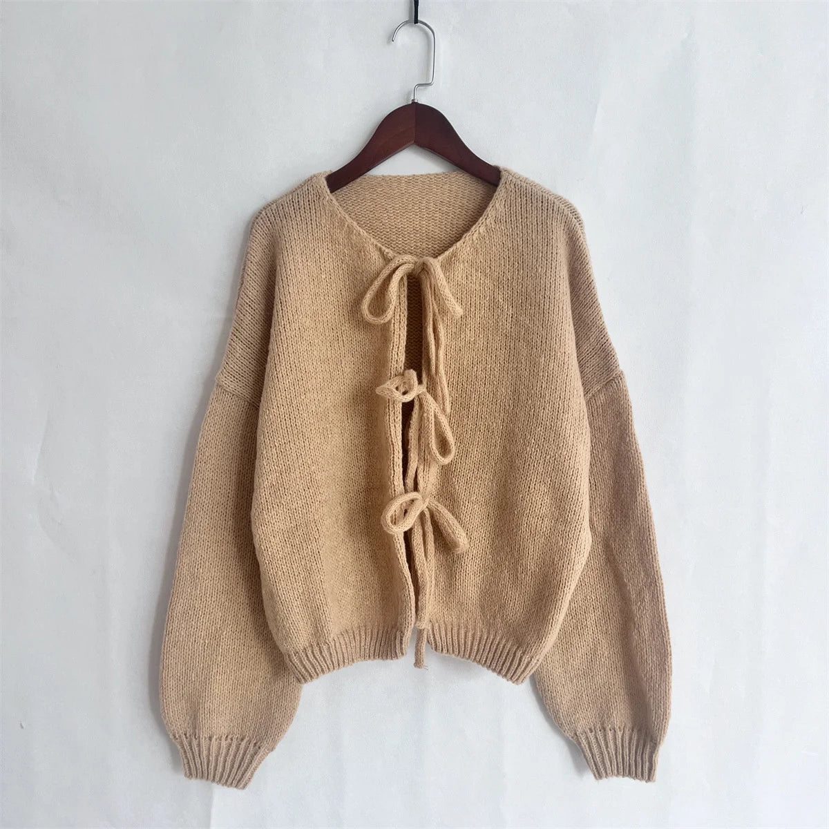 Fashion Casual Lace Up Bow Knitted Cardigan O-neck Long Sleeve Hollow Out Sweater 2024 Autumn New Female Cozy Soft Knitwear Coat