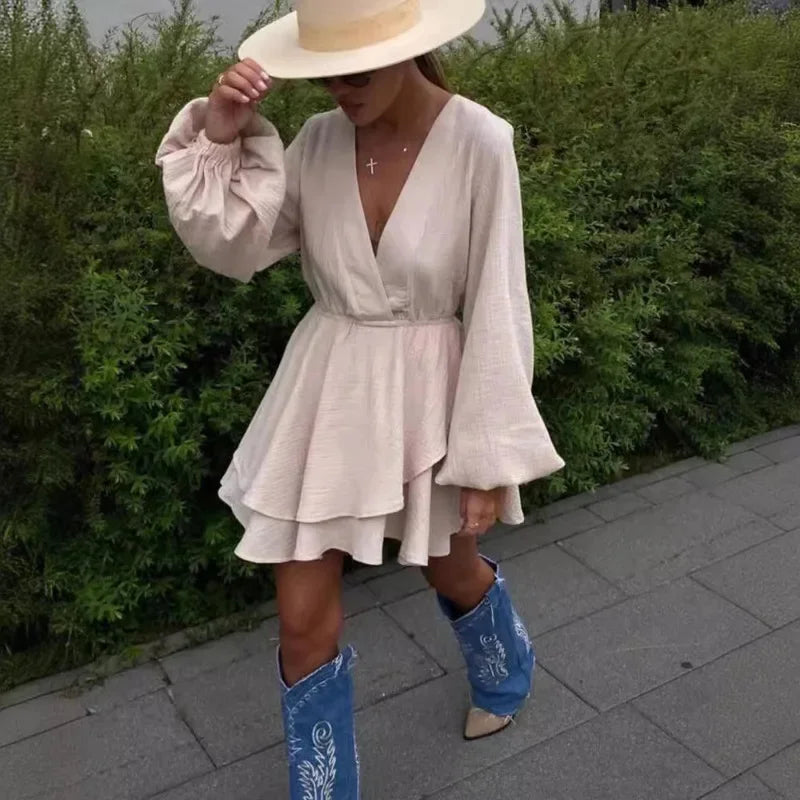 Summer New Women Mini Dress Fashion Personal Design Pleated Lantern Sleeve High Waist V Neck Dress Irregular Ruffles Beach Dress