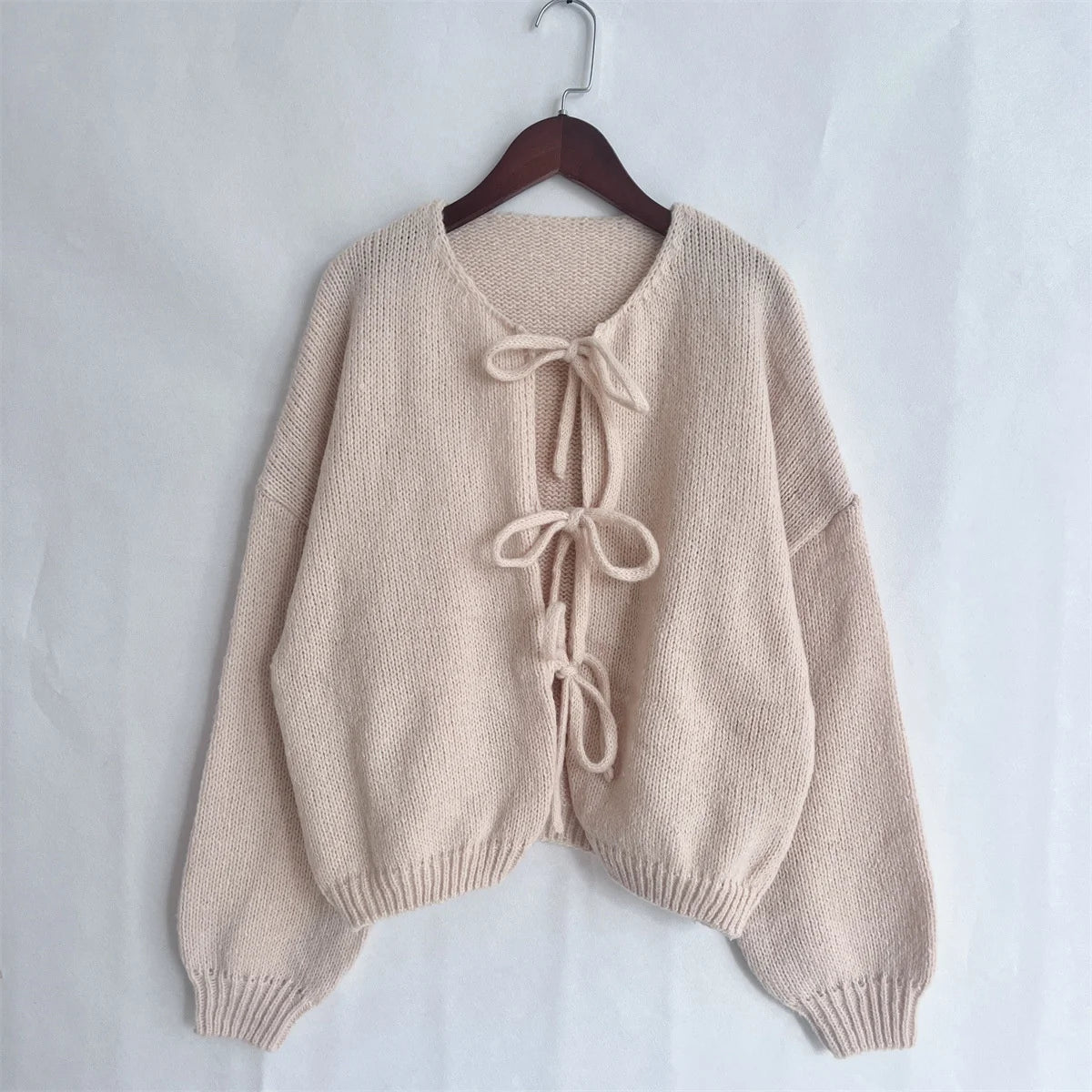 Fashion Casual Lace Up Bow Knitted Cardigan O-neck Long Sleeve Hollow Out Sweater 2024 Autumn New Female Cozy Soft Knitwear Coat