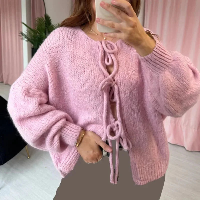 Fashion Casual Lace Up Bow Knitted Cardigan O-neck Long Sleeve Hollow Out Sweater 2024 Autumn New Female Cozy Soft Knitwear Coat