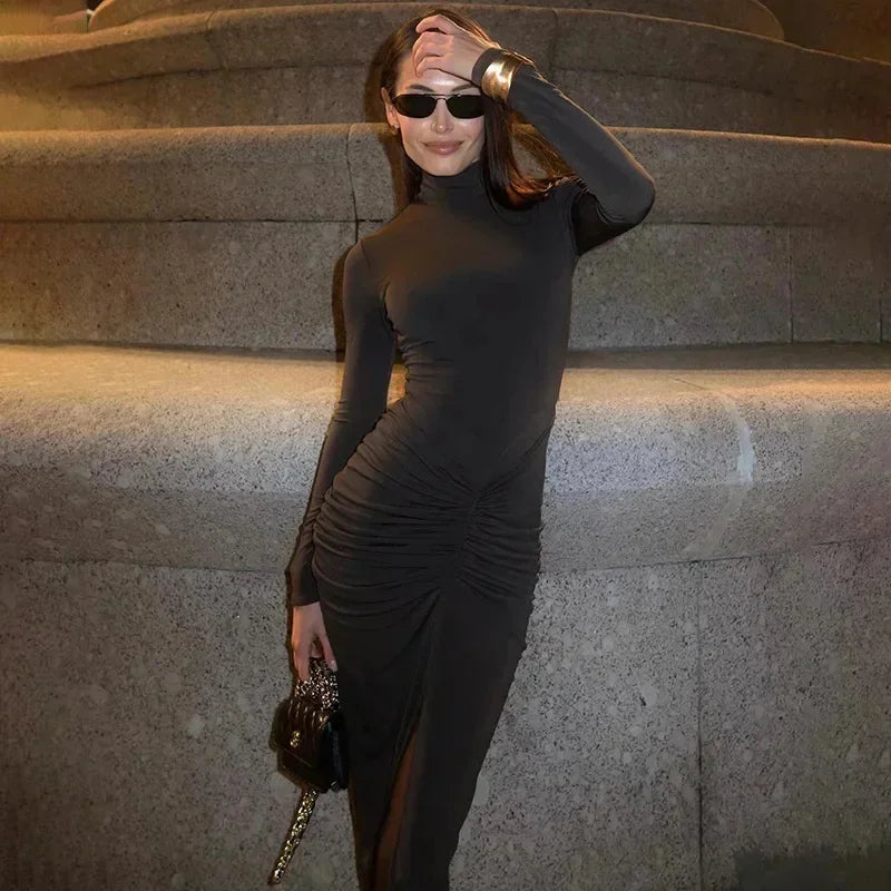 Turtleneck High Waist Folds Maxi Dress Women Sexy Bodycon Long Sleeve Split Evening Dresses 2024 Fall Winter Elegant Ruched Robe