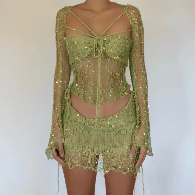 Sexy Sequined Knitted Sweater Skirt Sets 3 Piece Women Outfit Flare Long Sleeve See Through Hollow Crop Top Mini Skirt Beach Set