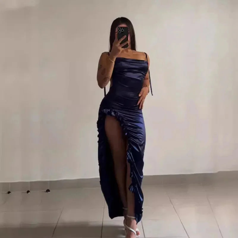 Elegant Women's Satin Bodycon Long Dress - Vintage Backless Strapless Design with Ruffles, Perfect for Parties, Clubs, and Evening Events