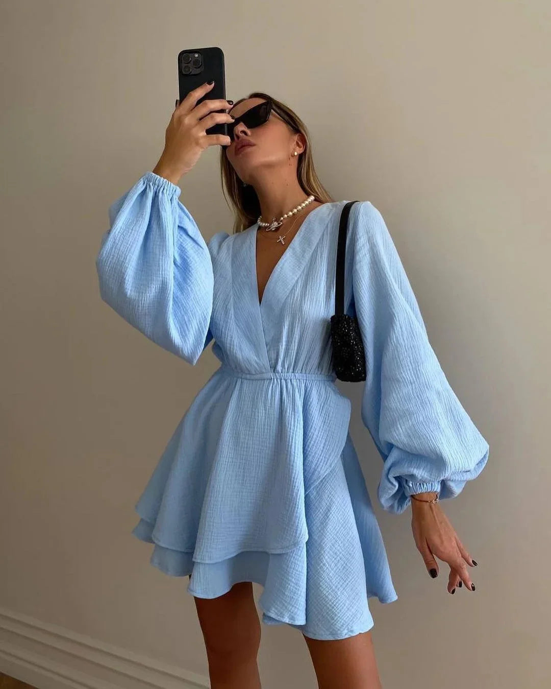 Summer New Women Mini Dress Fashion Personal Design Pleated Lantern Sleeve High Waist V Neck Dress Irregular Ruffles Beach Dress