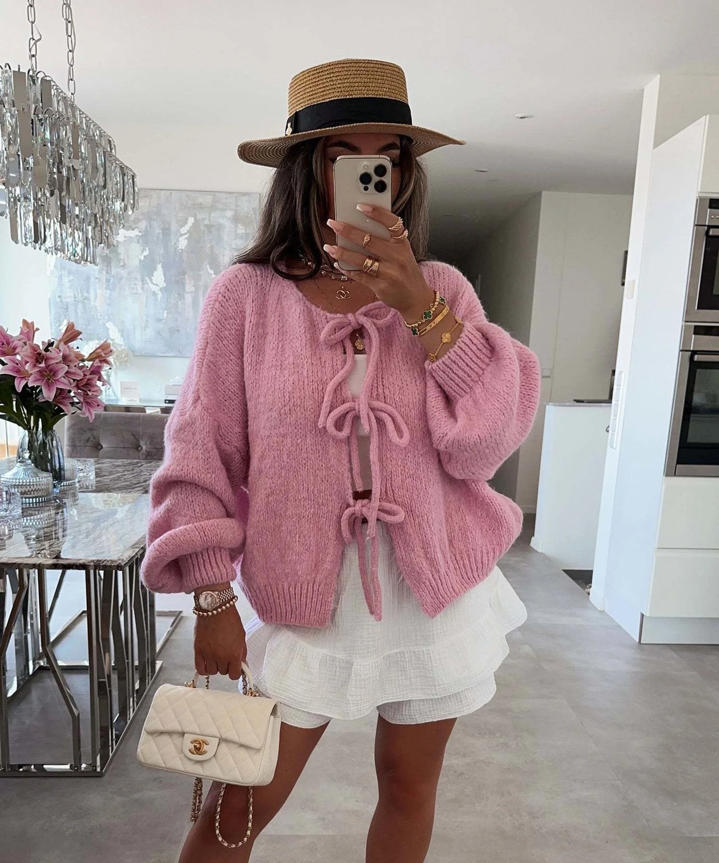 Fashion Casual Lace Up Bow Knitted Cardigan O-neck Long Sleeve Hollow Out Sweater 2024 Autumn New Female Cozy Soft Knitwear Coat